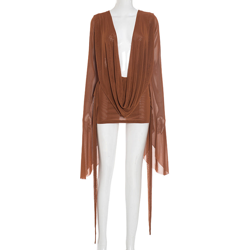 MB1031 Women's Mesh Backless Dress with Draped Neckline