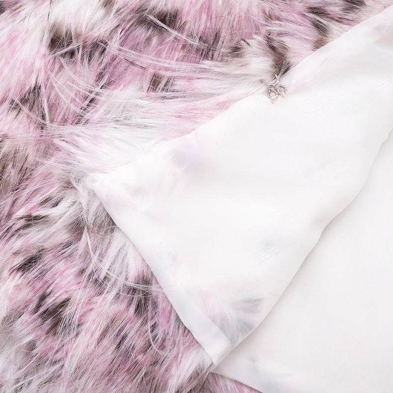 MB10141 Women’s Pink Leopard Print Long Fur Cropped Jacket