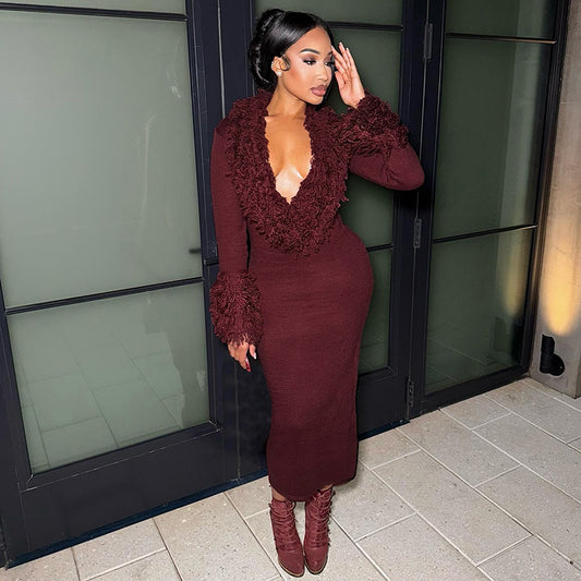 MB1806 Women's Burgundy Deep V Fringe Trim Ribbed Knit Midi Dress