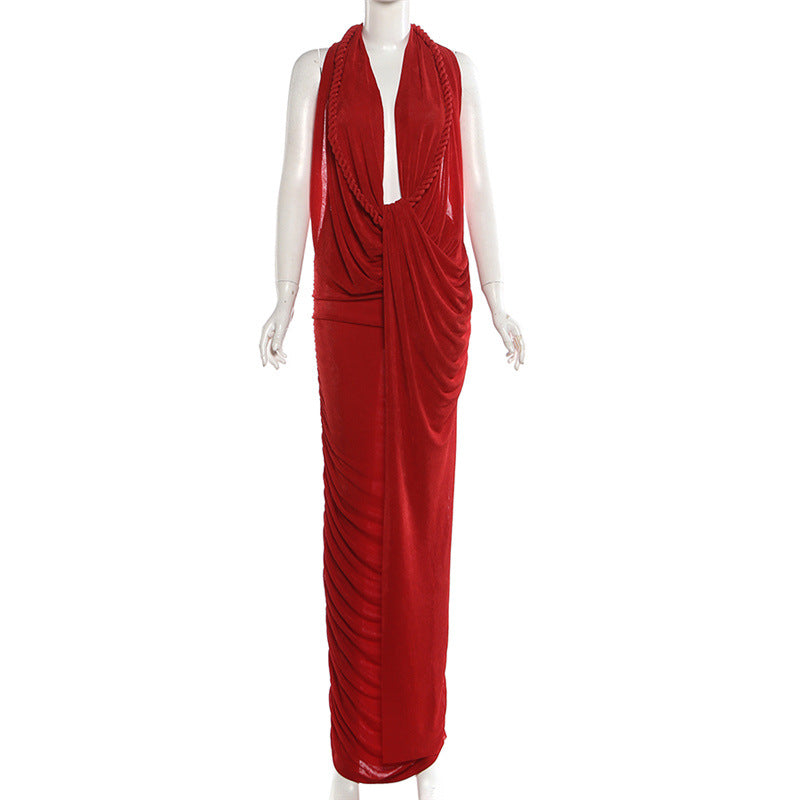 MB1533 Women's Halter Neck Ruched Maxi Dress