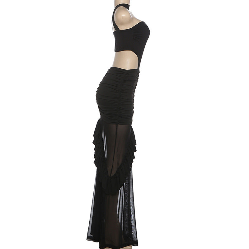 MB1517 Halter Cutout Ruched Mesh Maxi Dress