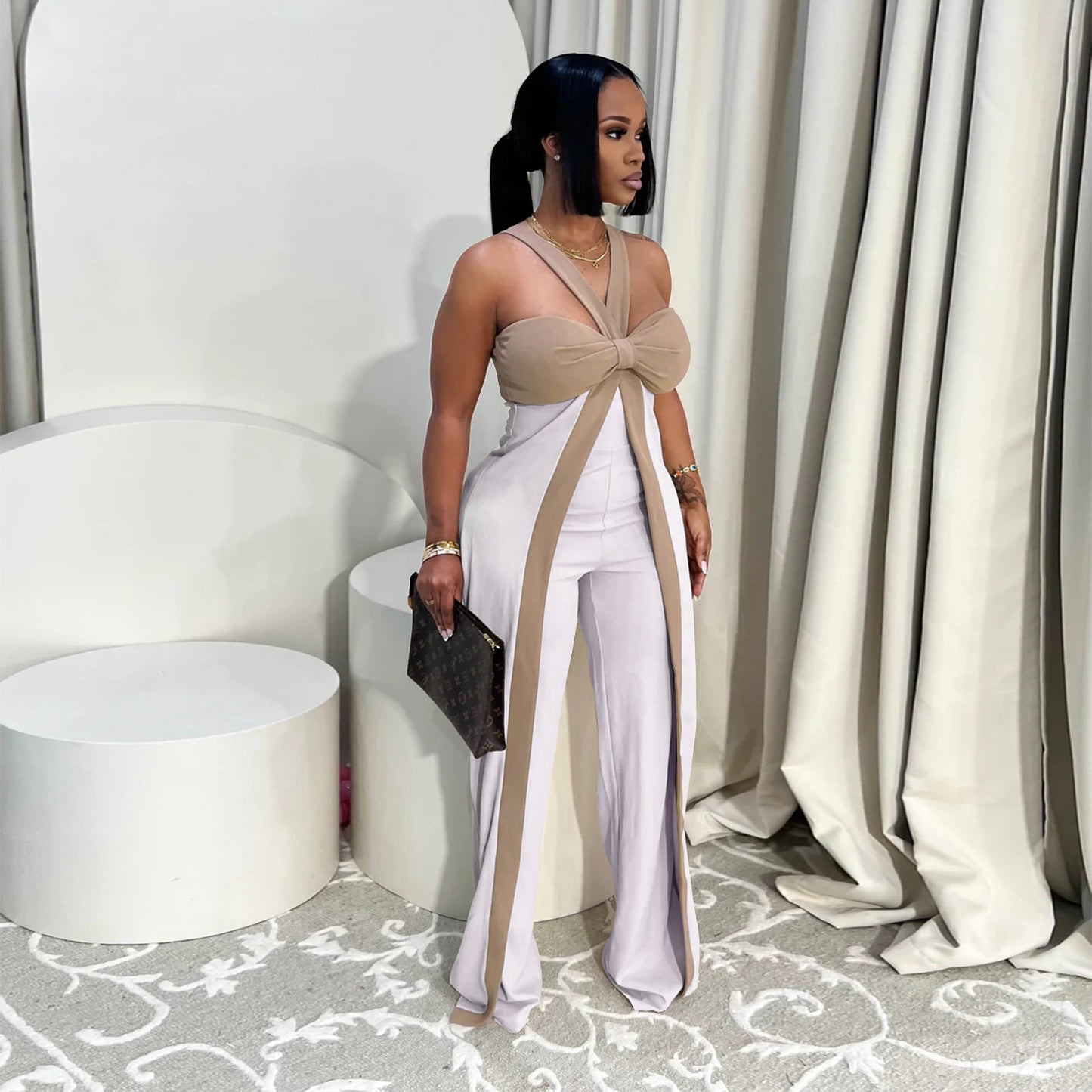 MB1604 Color Block Wide Leg Jumpsuit - High Waist Party Romper