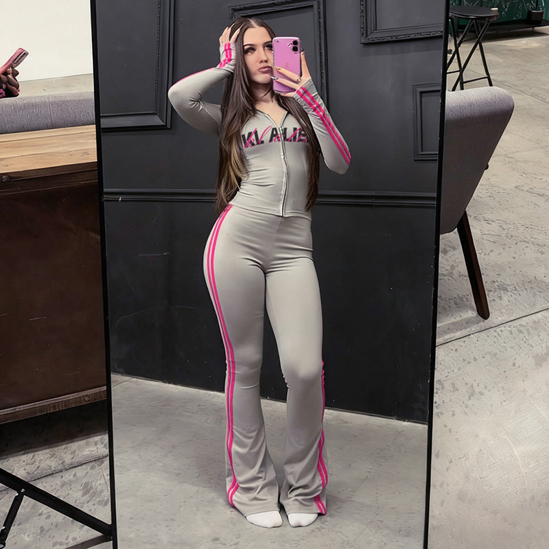 MB1825 Hooded Zip Up Top & Flare Pants 2 Piece Set Loungewear for Women