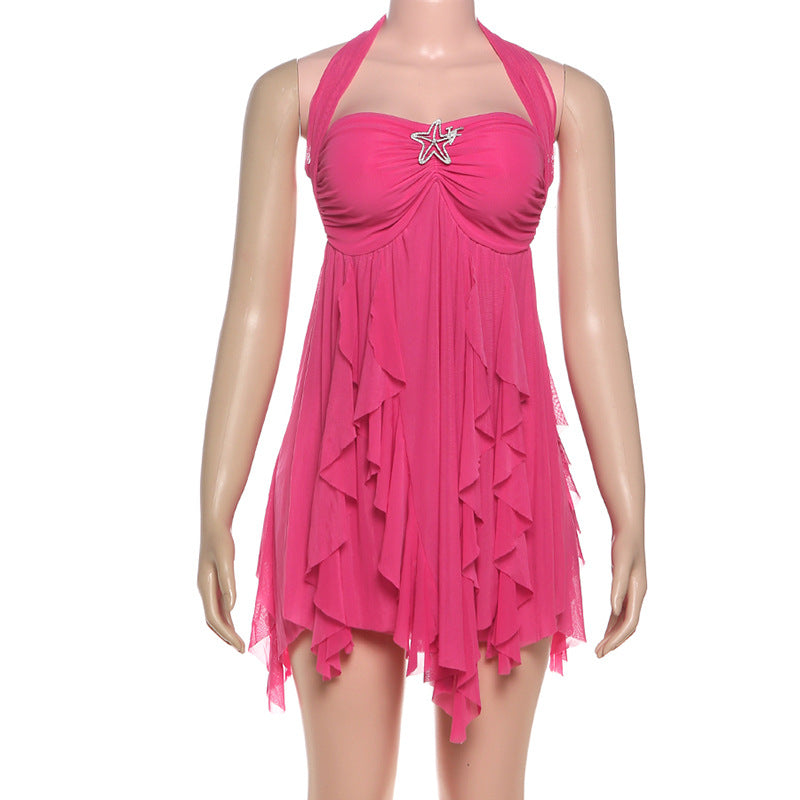 MB1113 Sexy Halter Backless Mini Dress with Ruffled Hem