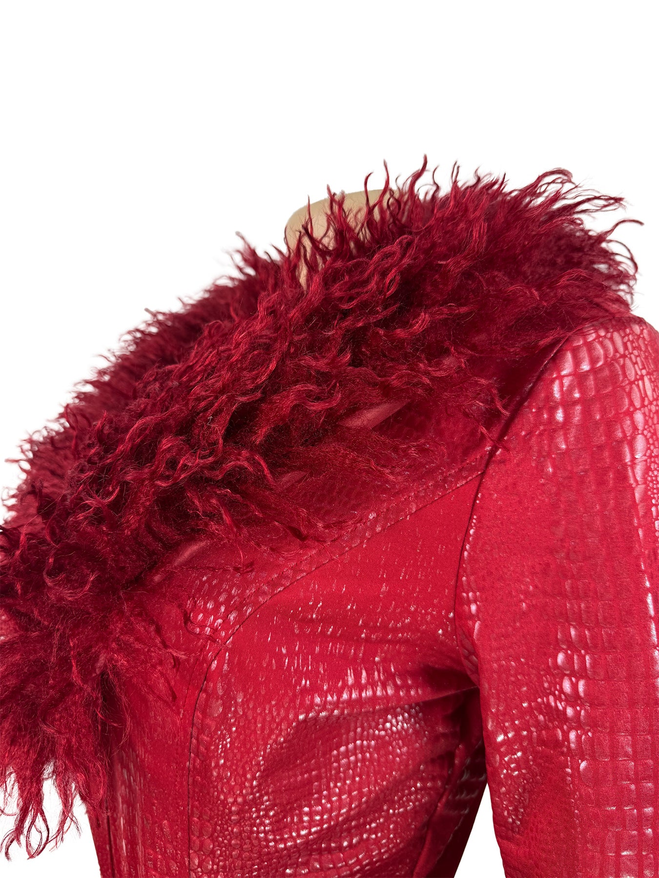 MB1726 Red Crocodile Print Faux Fur Trim 2 Piece Short Set | Cropped Jacket & Shorts
