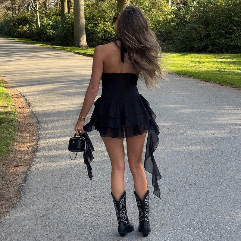 MB1318 Halter Neck Deep V Mesh Ruffle Romper