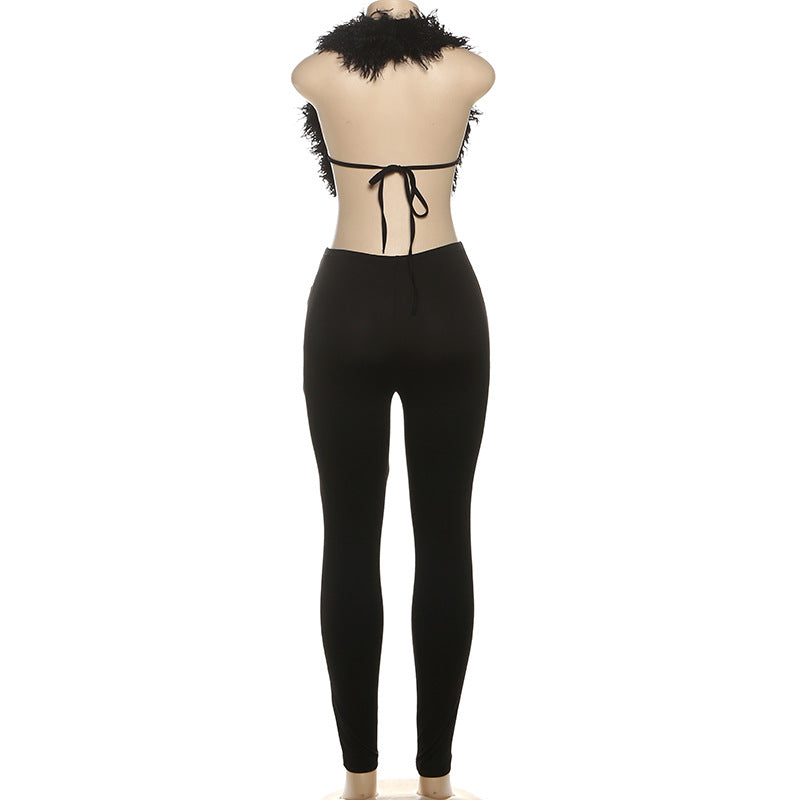 MB1801 Women's Faux Fur Trim Top & High Waist Leggings Two-Piece Outfit