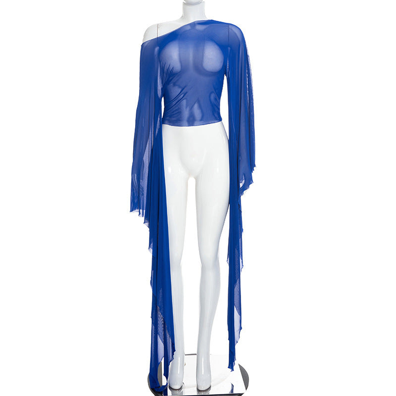 MB10209 Sheer Mesh Top Flare Floor‑Length Draped Long Sleeve