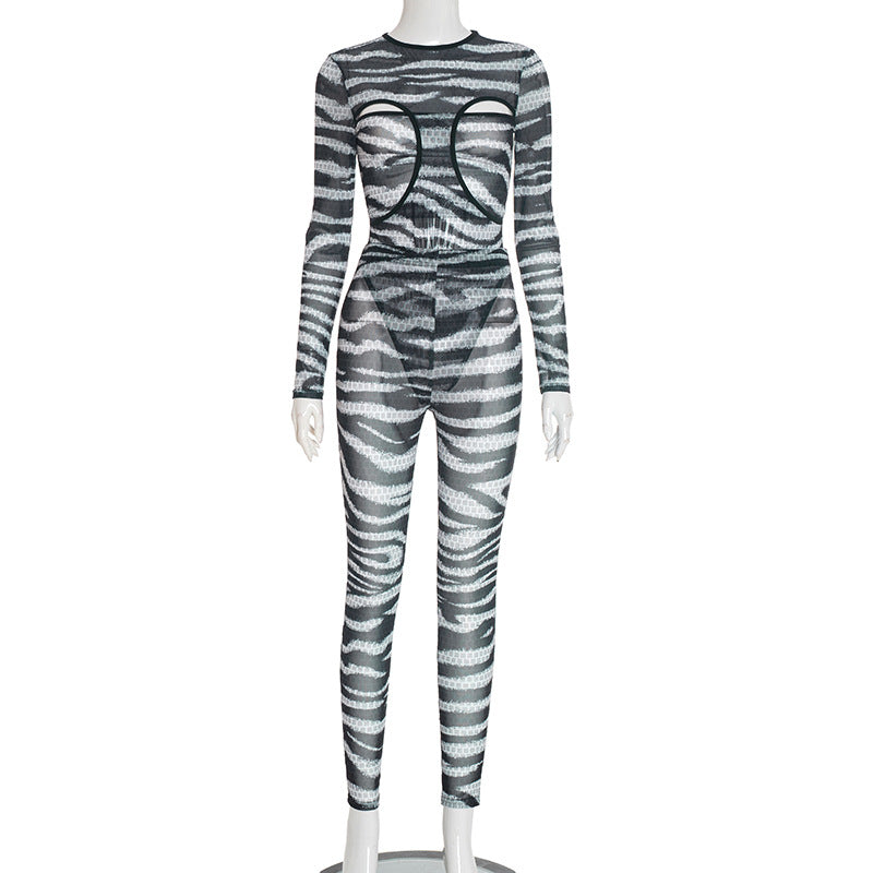 MB1054 Zebra Print Cutout Bodysuit & Pants Women's Two-Piece Set