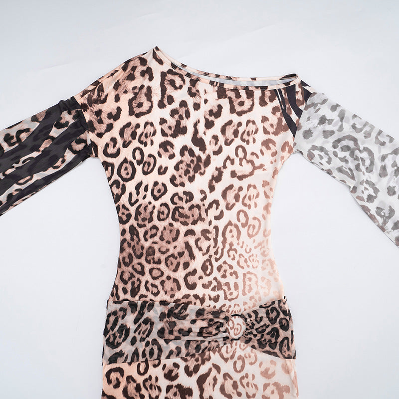 MB1406 Leopard Print Sheer Mini Dress for Women