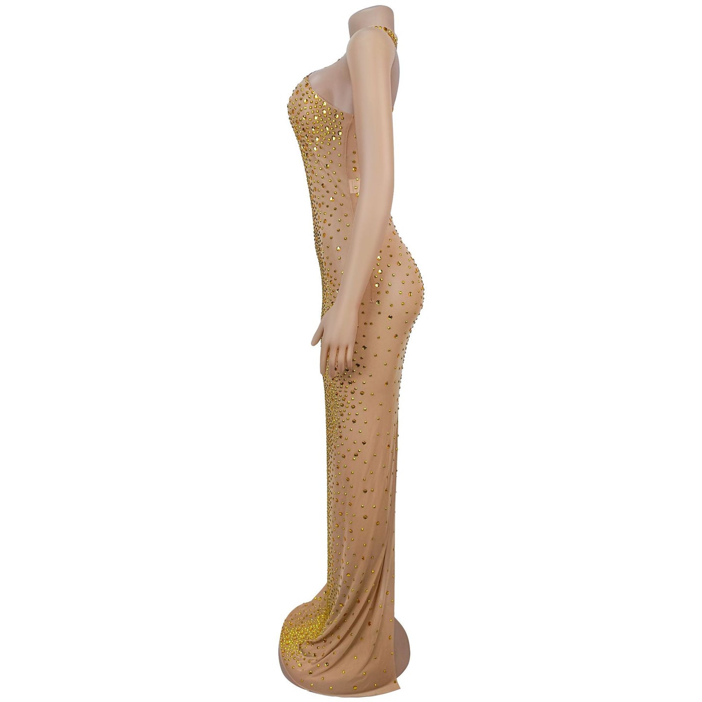 MB1623 Women's Sheer Mesh Gold Rhinestone Gown