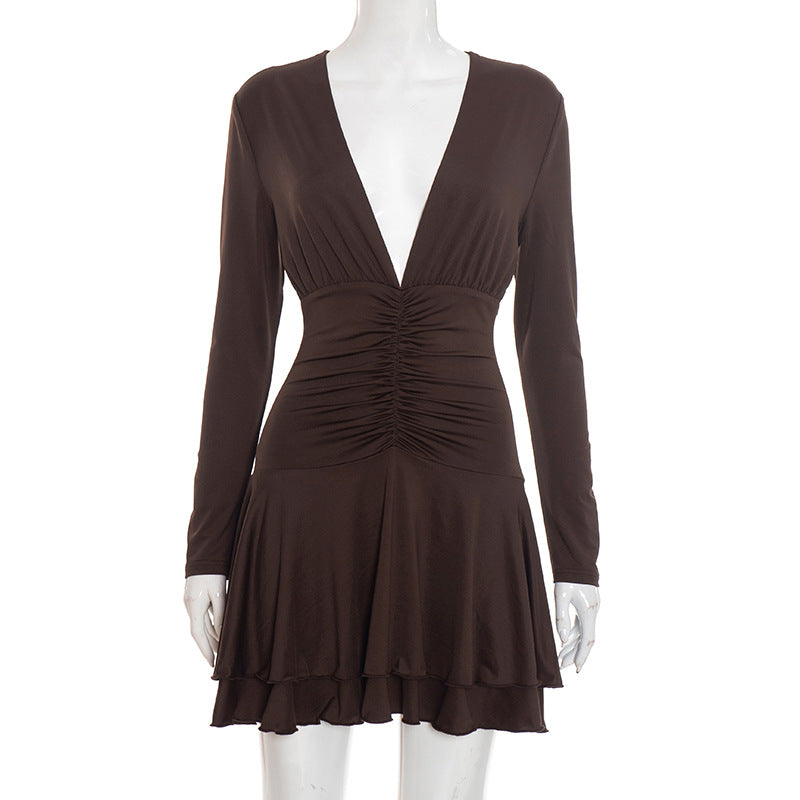 MB1446 Women's Brown V Neck Ruched Fit and Flare Dress