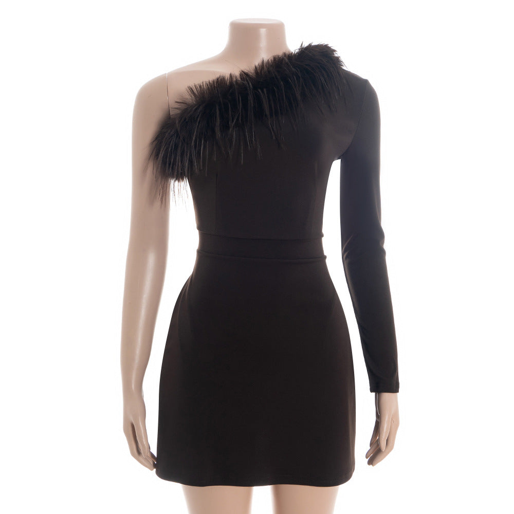MB1313 Black One-Shoulder Feather Bodycon A-Line Mini Dress
