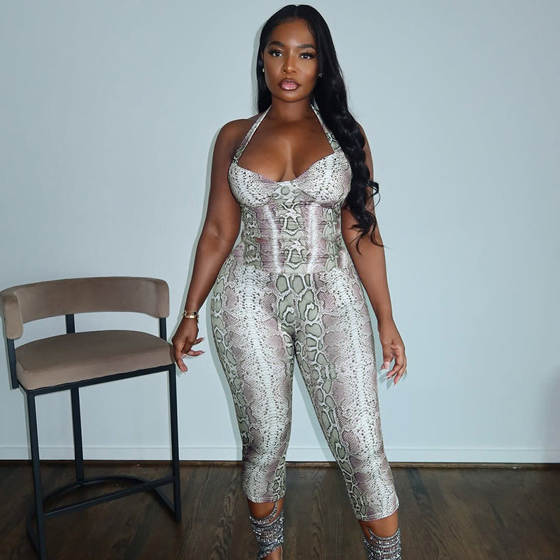 MB1407 Snake Print Halter Capri Jumpsuit for Women