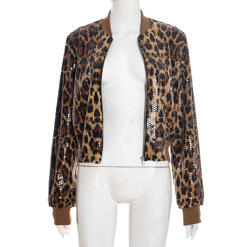 MB10142 Women’s Leopard Print Sequin Bomber Jacket