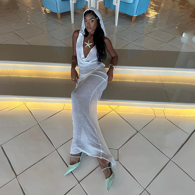 MB1303 Hood Backless Maxi Dress