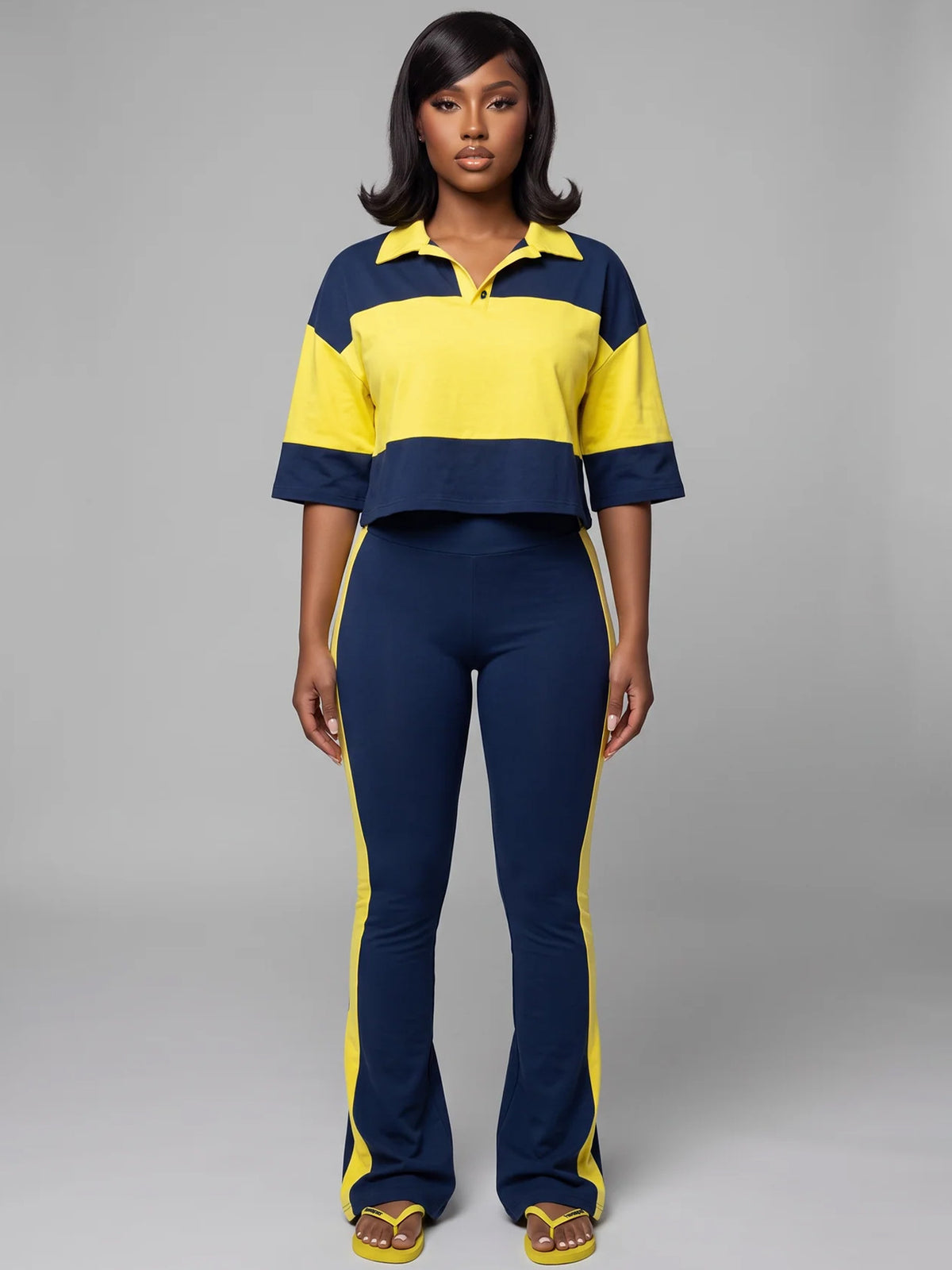 MB1736 Color‑Block Cropped Polo Top & Side‑Stripe Flare Pants 2‑Piece Set