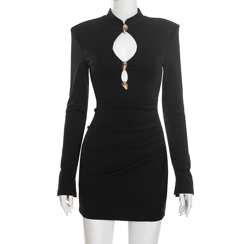 MB1421 Black Mock Neck Cutout Mini Dress for Women