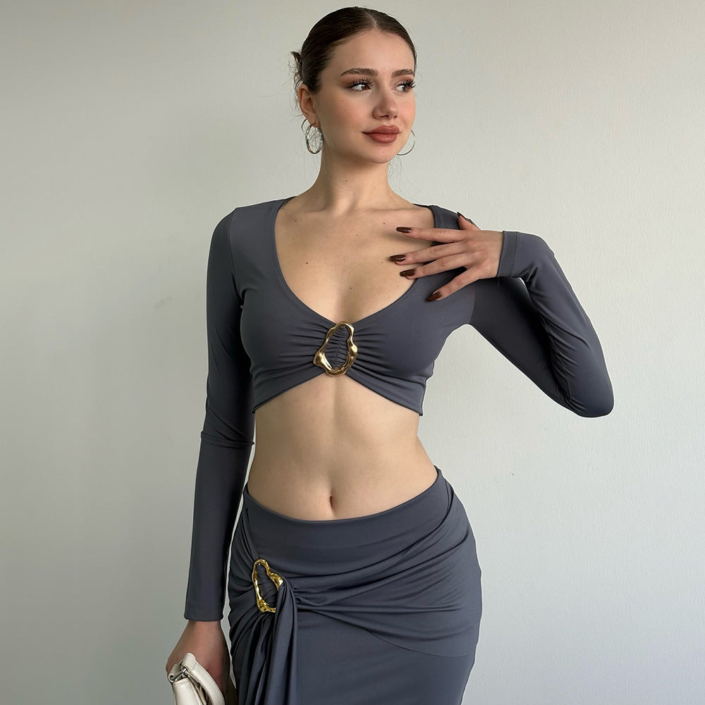 MB1319 Long Sleeve Crop Top & Maxi Skirt Two Piece Set