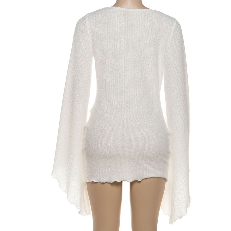 MB1129 White Plunging Cowl Neck Bell Sleeve A-Line Mini Dress