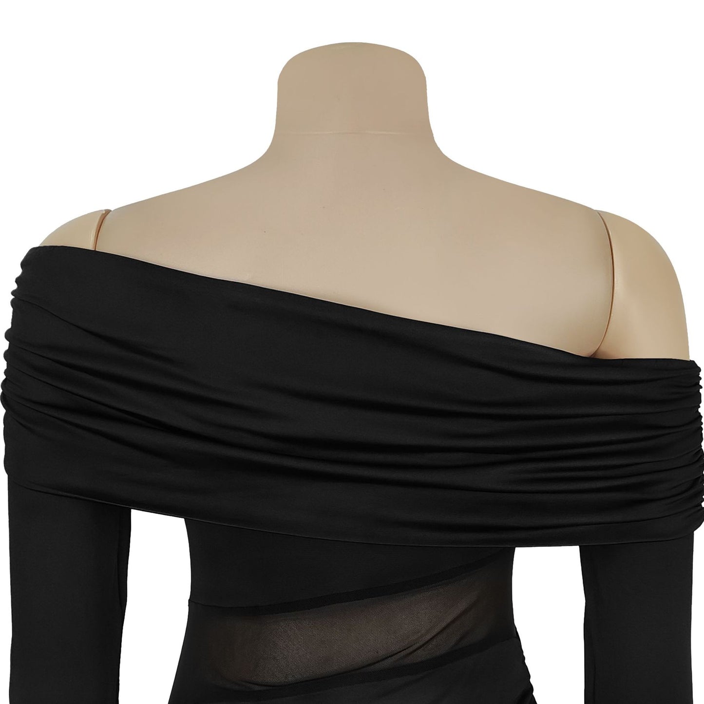 MB1614 Off-the-Shoulder Mesh Cutout Ruched Maxi Dress with Slit