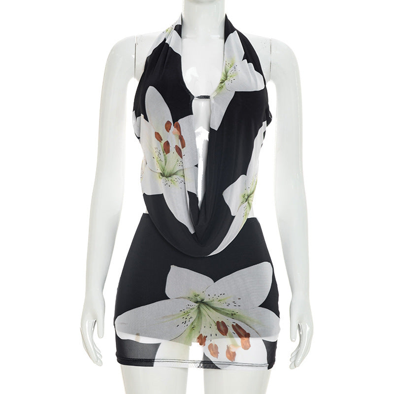MB10183 Women Lily Floral Print Mesh 2 Piece Outfit, Cowl Draped Halter Backless Tie‑Up Top High‑Waist Skort Matching Set