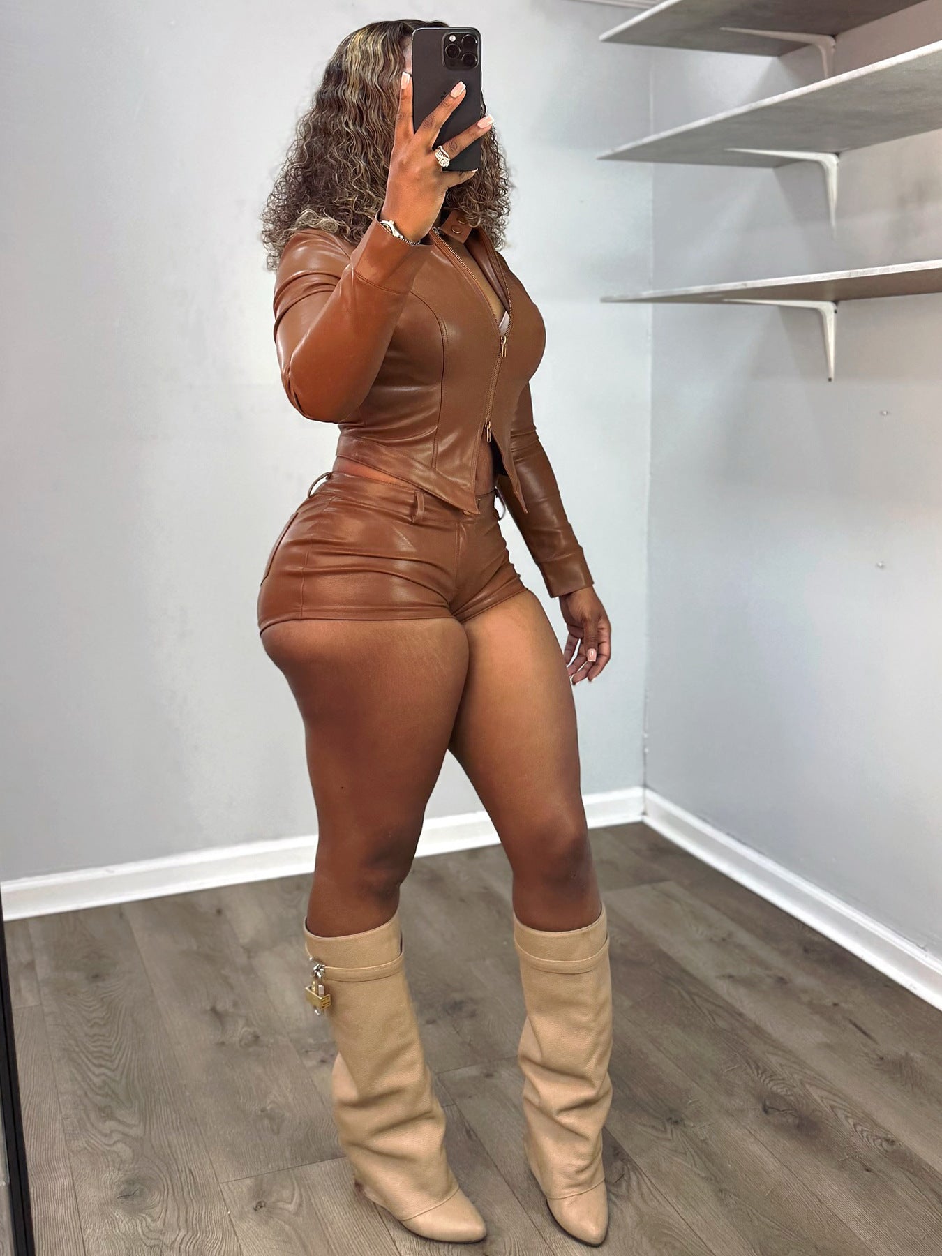 MB1702 Leather Stand Collar Biker Two-Piece Set