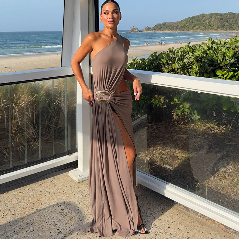 MB1157 Taupe One Shoulder Cutout Maxi Dress