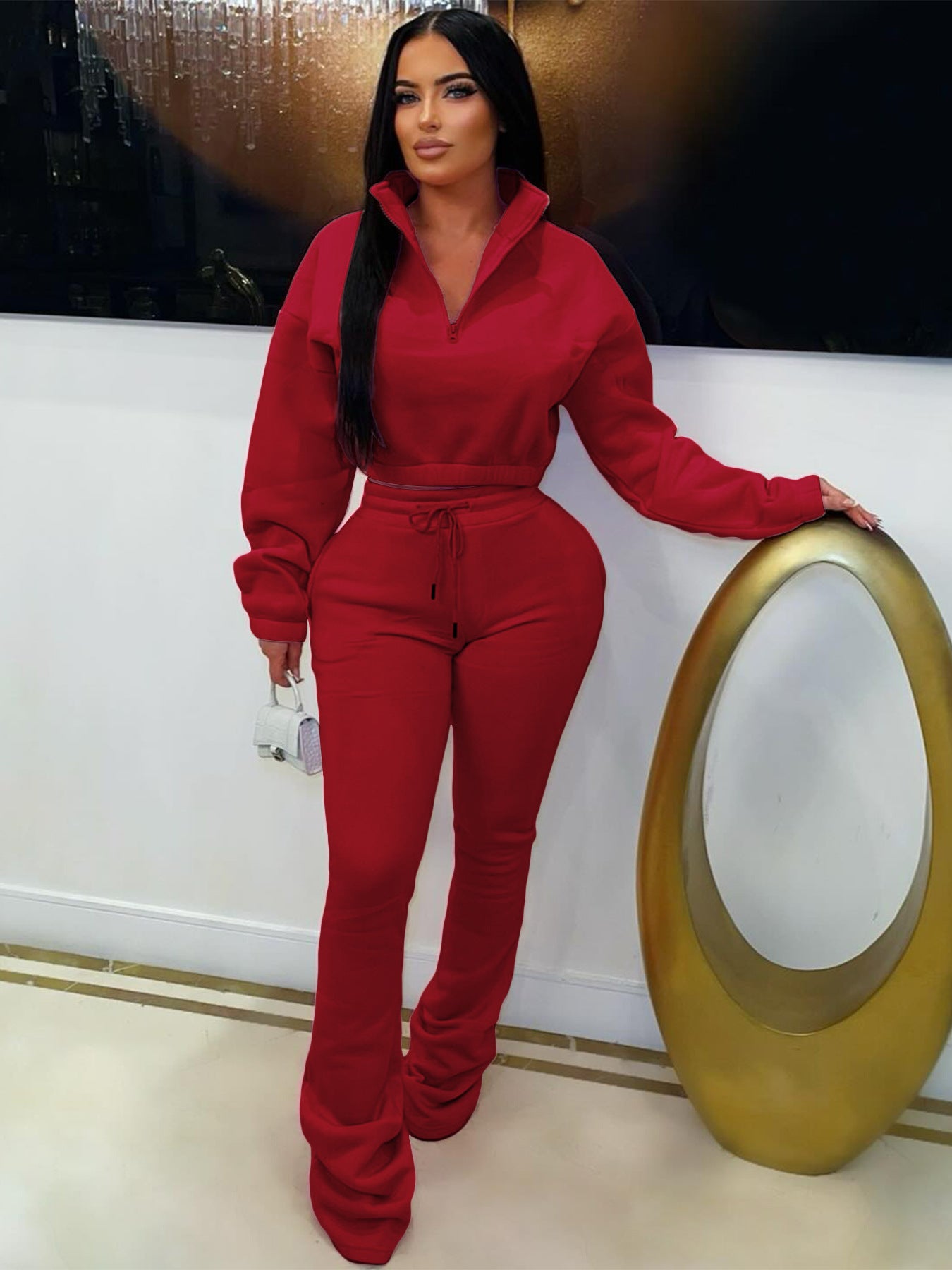 MB1719 Women’s Crop Hoodie & Flare Pants 2-Piece Tracksuit Set