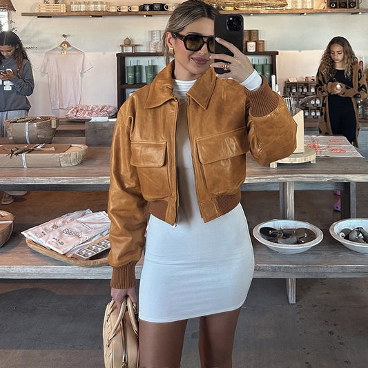 MB1137 Tan Cropped PU Leather Bomber Jacket with Cargo Pockets