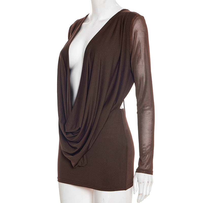 MB10159 Women's Brown Long Sleeve Deep V Neck Bodycon Mini Dress