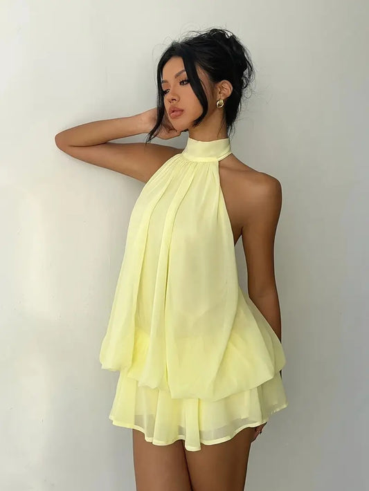 MB2001  Halter Backless Mini Dress - Flowy Ruffle Chiffon Party Dress for Women 