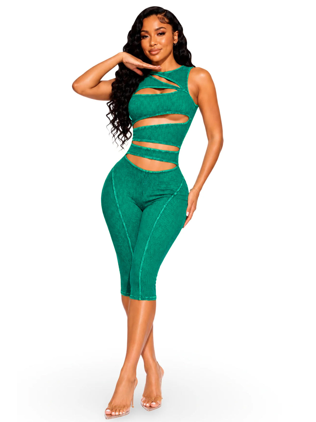 MB1733 Washed Ribbed Cut‑Out Bodycon Sleeveless Capri Jumpsuit