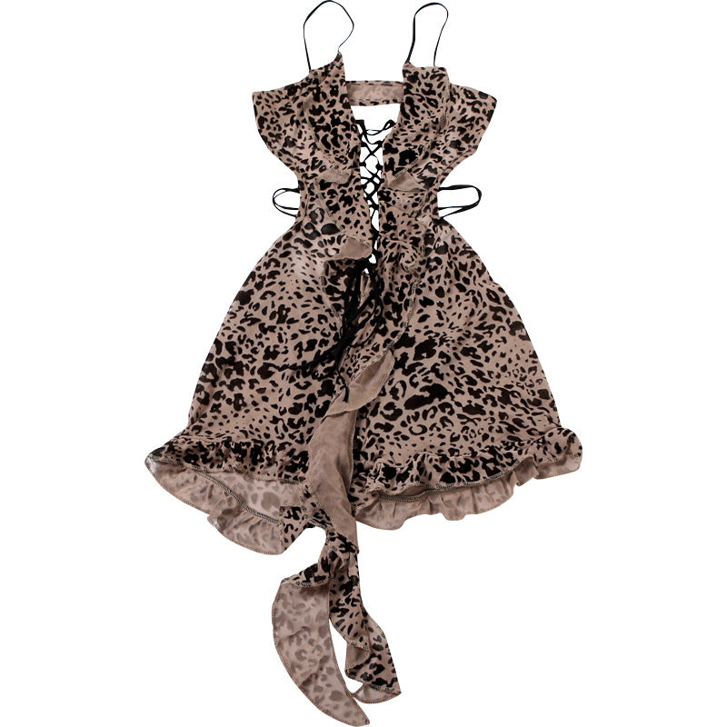 MB1502 Leopard Print Lace-Up Sheer Romper