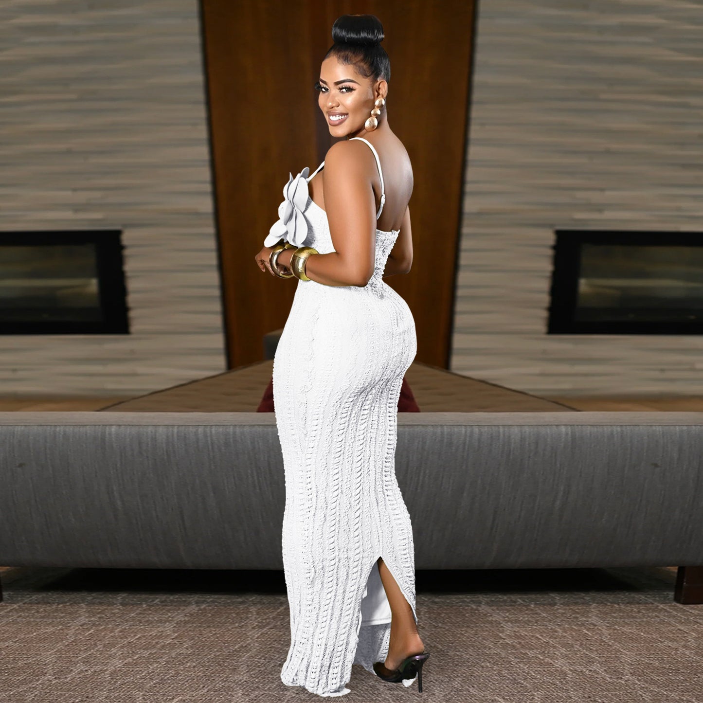 MB1627 Women's Spaghetti Strap Maxi Dress with 3D Floral