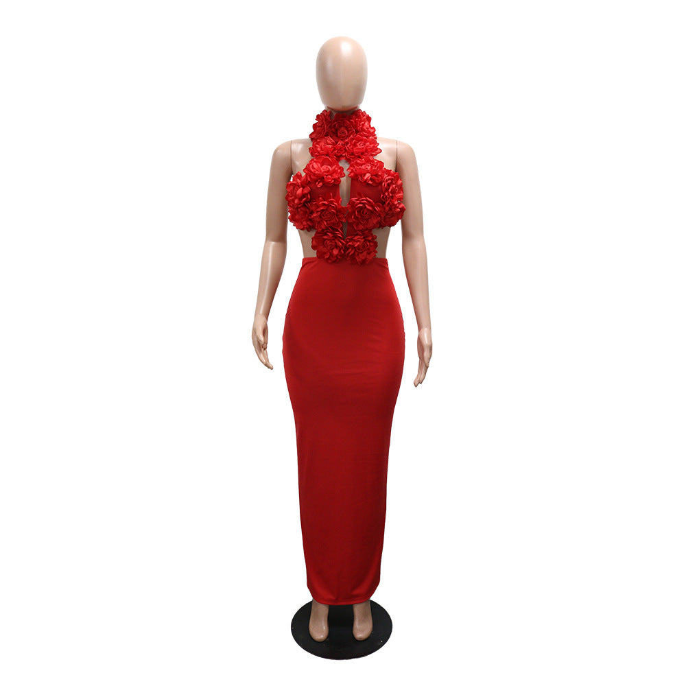 MB1227 Red 3D Floral Applique Halter Maxi Dress | Backless Bodycon Evening Gown