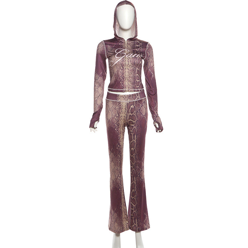 MB1152 Women’s Burgundy Snake Print Hooded Two Piece Set