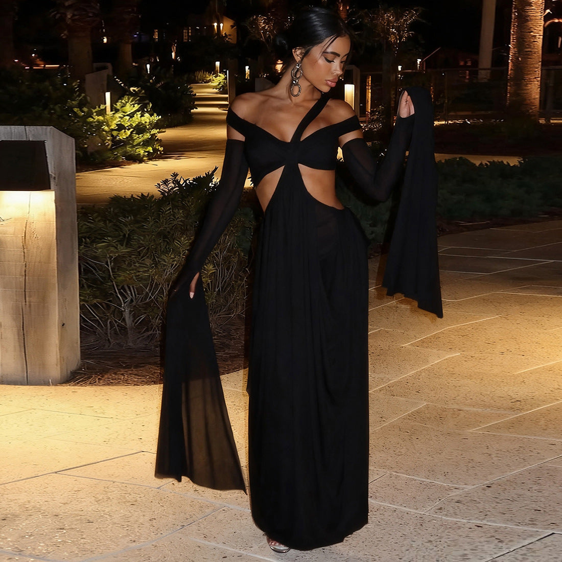 MB1819 Women's Black Off-Shoulder Cross Front Cutout Maxi Dress