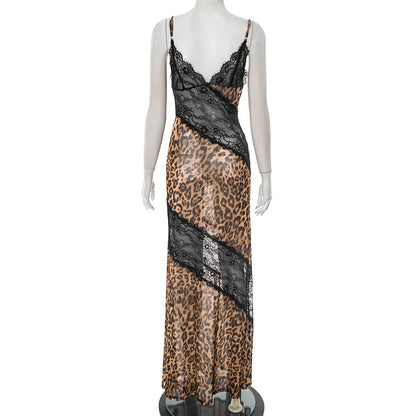 MB1028 Leopard Print Lace Trim Maxi Dress