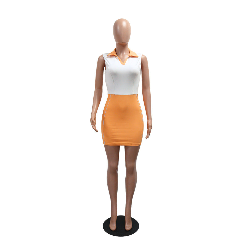 MB1226 Sleeveless Polo Collar Color Block Bodycon Mini Dress