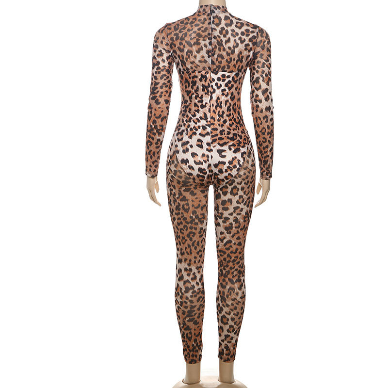 MB1136 Leopard Print Long-Sleeve Bodycon Jumpsuit