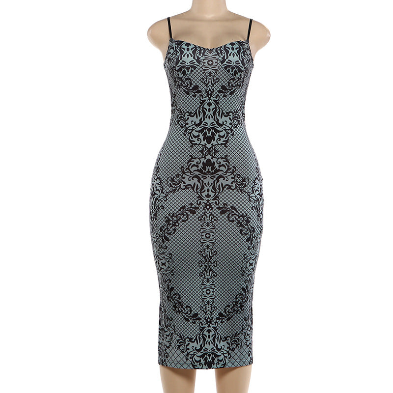 MB1836 Sexy Spaghetti Strap Backless Midi Dress | Vintage Damask Print Bodycon Dress