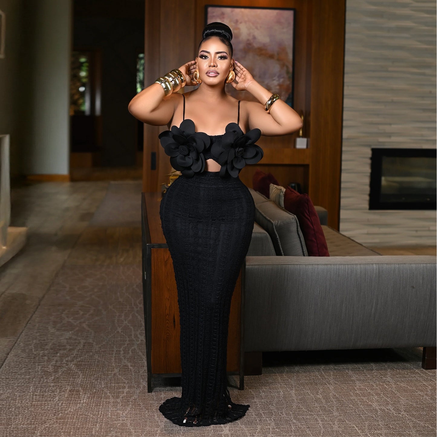 MB1627 Women's Spaghetti Strap Maxi Dress with 3D Floral