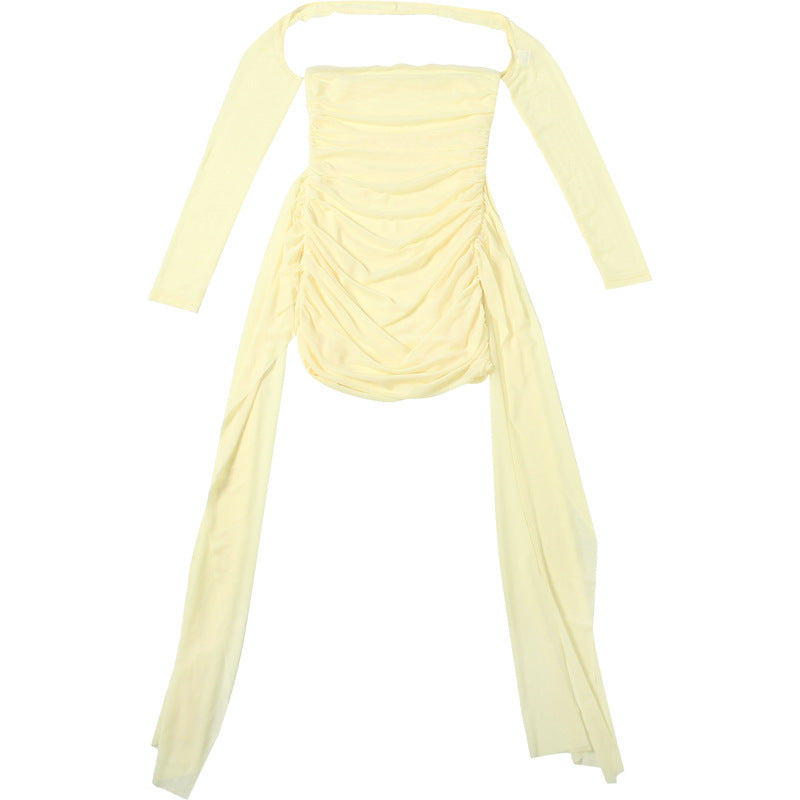 MB1808 Women's Ruched Tulle Sleeve Mini Dress