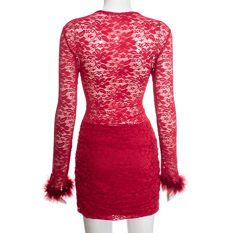 MB10117 Lace Sheer Bodycon Dress with Fur Cuff Detail