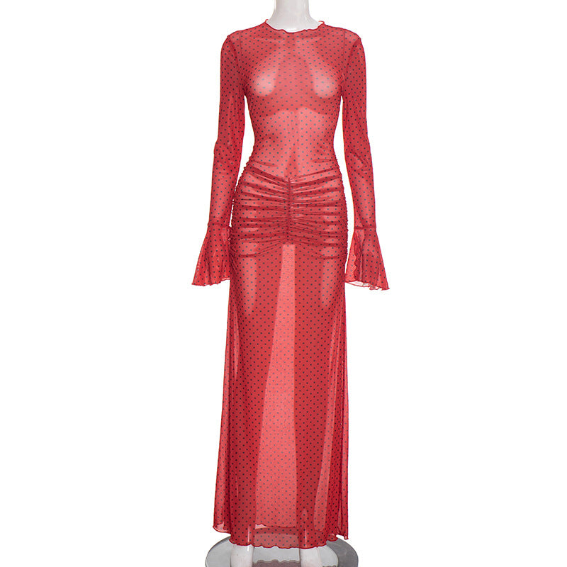 MB1417 Red Polka Dot Flared Sleeve Maxi Dress for Women