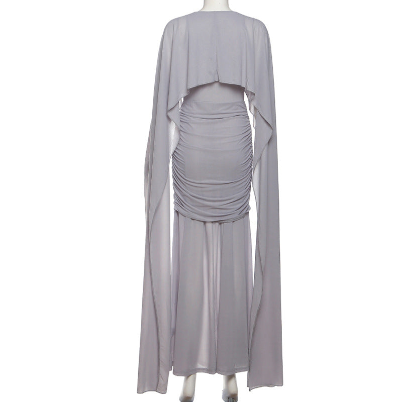 MB1121 Cape Back Ruched Maxi Dress