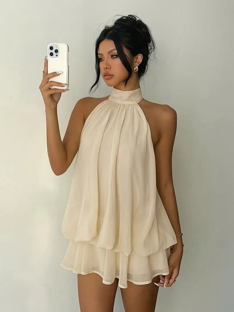MB2001  Halter Backless Mini Dress - Flowy Ruffle Chiffon Party Dress for Women 