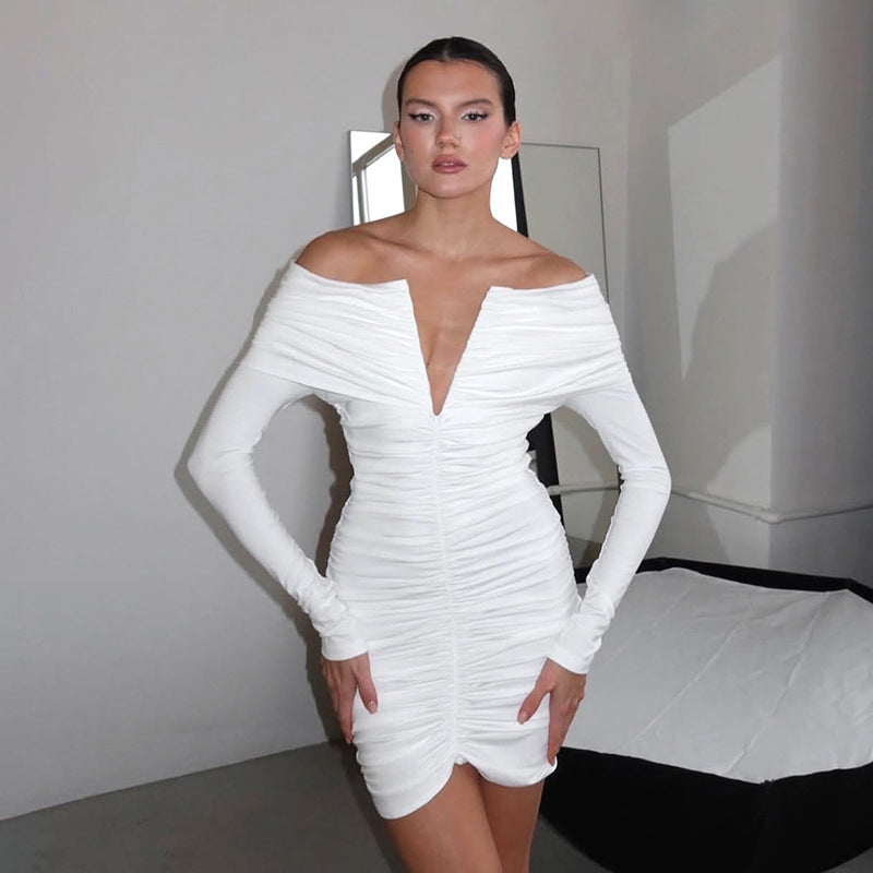 MB1410 Off-The-Shoulder Deep V Ruched Bodycon Mini Dress