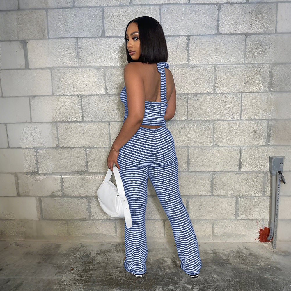 MB1220 Jacquard Stripe Crop Top & Wide Leg Pants Two Piece Set